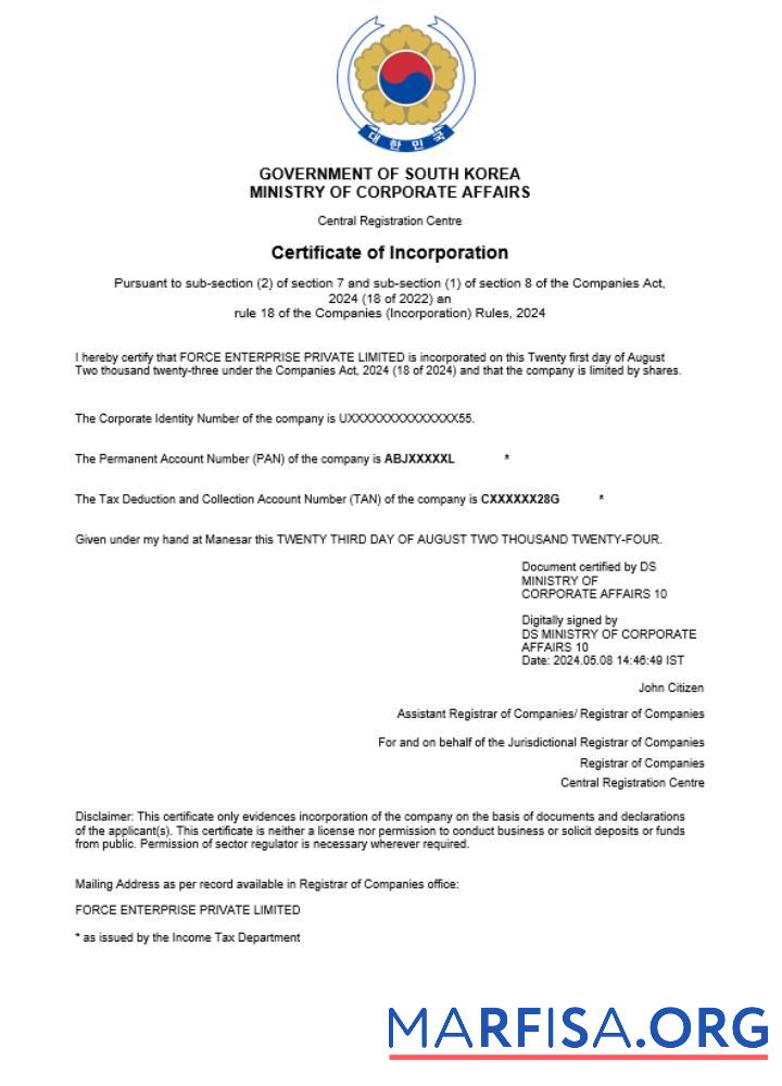 Blank South Korea business registration certificate Word and PDF template